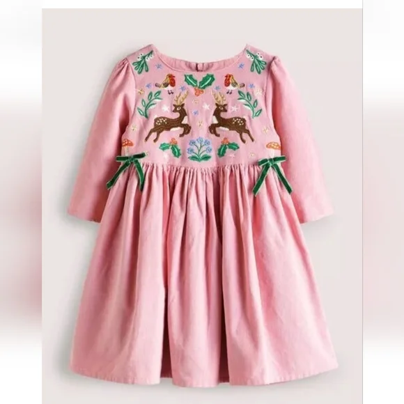 Pink Reindeer Cord Embroidered Party Dress - Picture 1 of 3